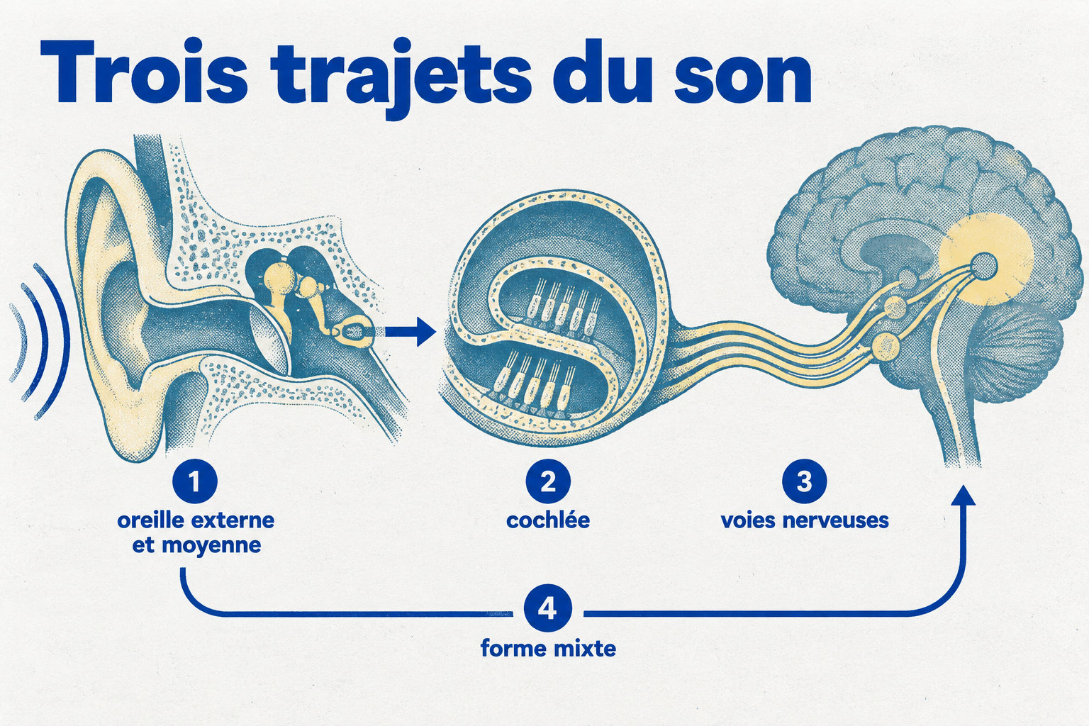 Le son suit l’oreille externe et moyenne, la cochlée puis les voies nerveuses ; la forme mixte associe les deux premières atteintes.